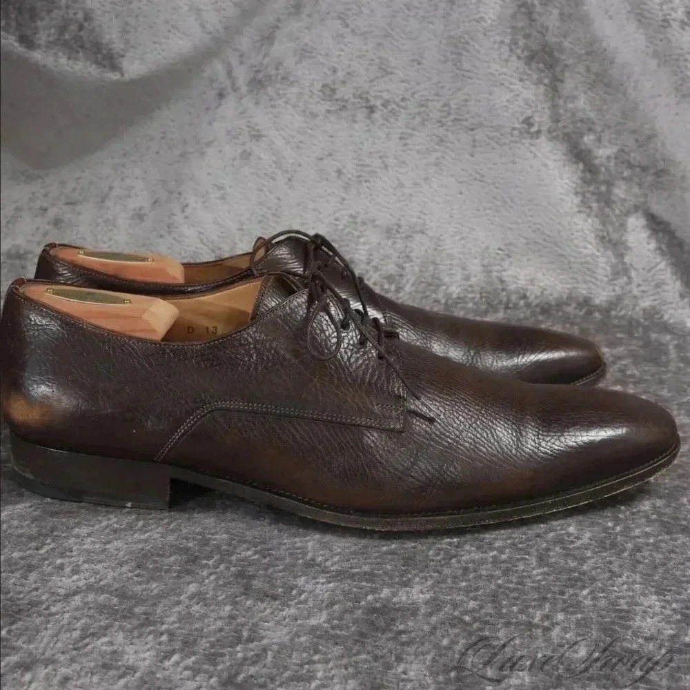 Santoni Grained Leather Burnished Espresso Derby Shoes 13 Made in Italy - Picture 10 of 10